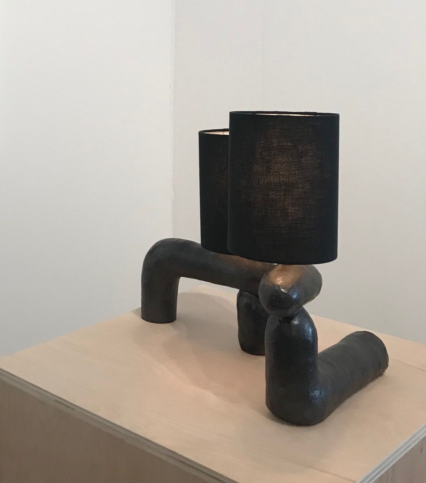 Carmen D’Apollonio, ceramic lamp sculptures, 2019, ceramic, linen shade, dimensions variable