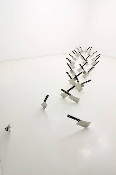 Barry Le Va, Cleaved Floor, Four Paths, 2009, 29 meat cleavers.