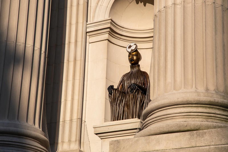 African American artists changing the narrative, Wangechi Mutu, The Seated II in situ on the Met facade.