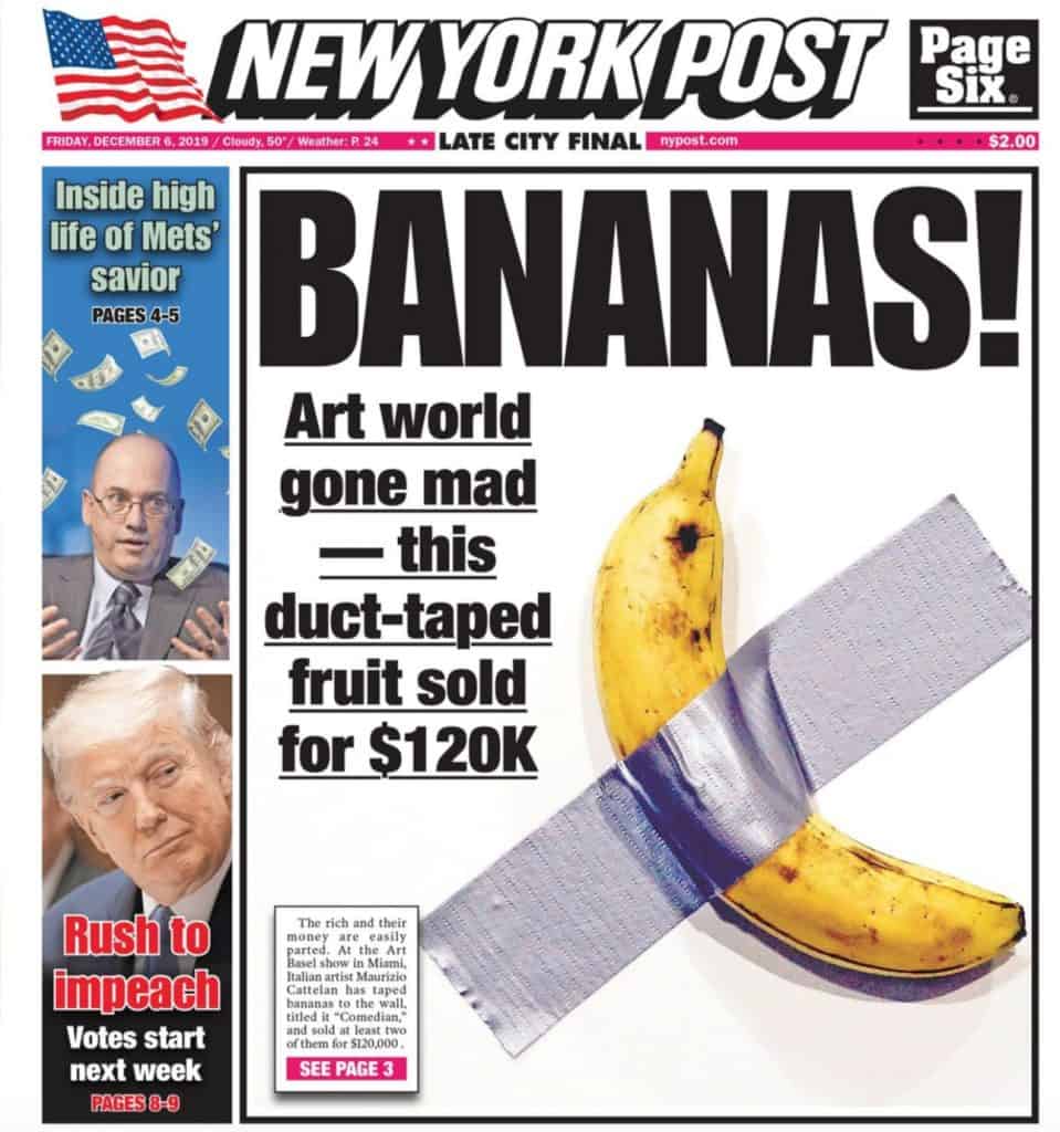 New York Post cover, duck-taped banana