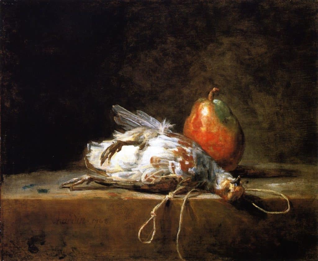 Jean-Baptiste-Siméon Chardin, Grey Partridge, Pear and Snare on a Stone Table