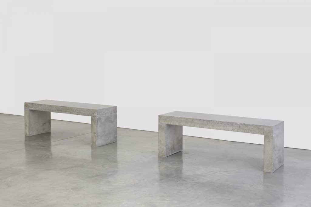 Teresa Margolles, Dos bancos, 2020. Two benches made from a mixture of cement and material sourced from the ground where the body fell of a person shot dead at the northern Mexican border