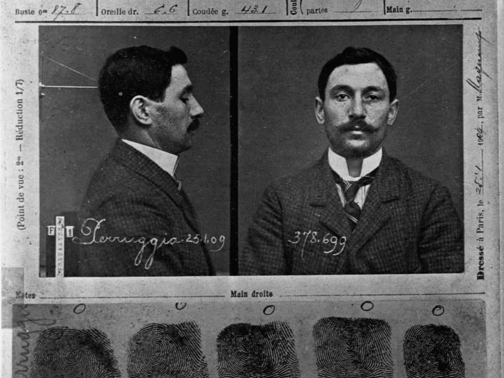 Mug shot of Vincenzo Peruggia, the man who stole the Mona Lisa from the Louvre Museum in Paris.