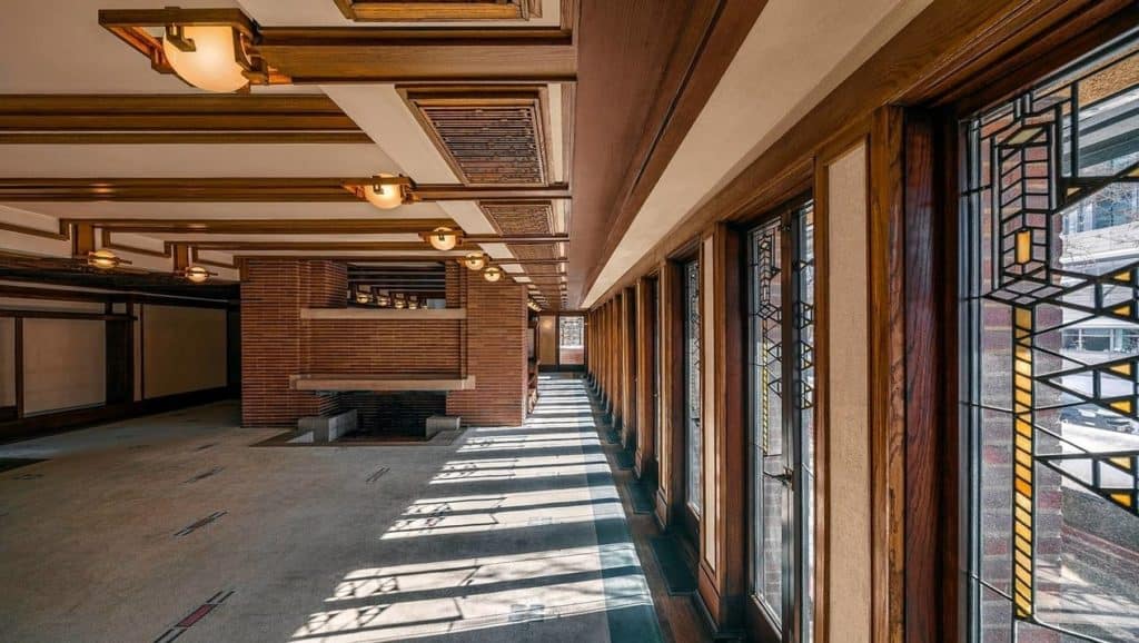 Living room of the Robie House, designed by Frank Lloyd Wright.