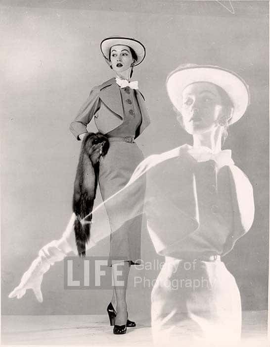 Gjon Mili's Double Exposure, Model Spring Dress, Hat with Veil, Carrying Fur Scarf, 1946 for Life Magazine