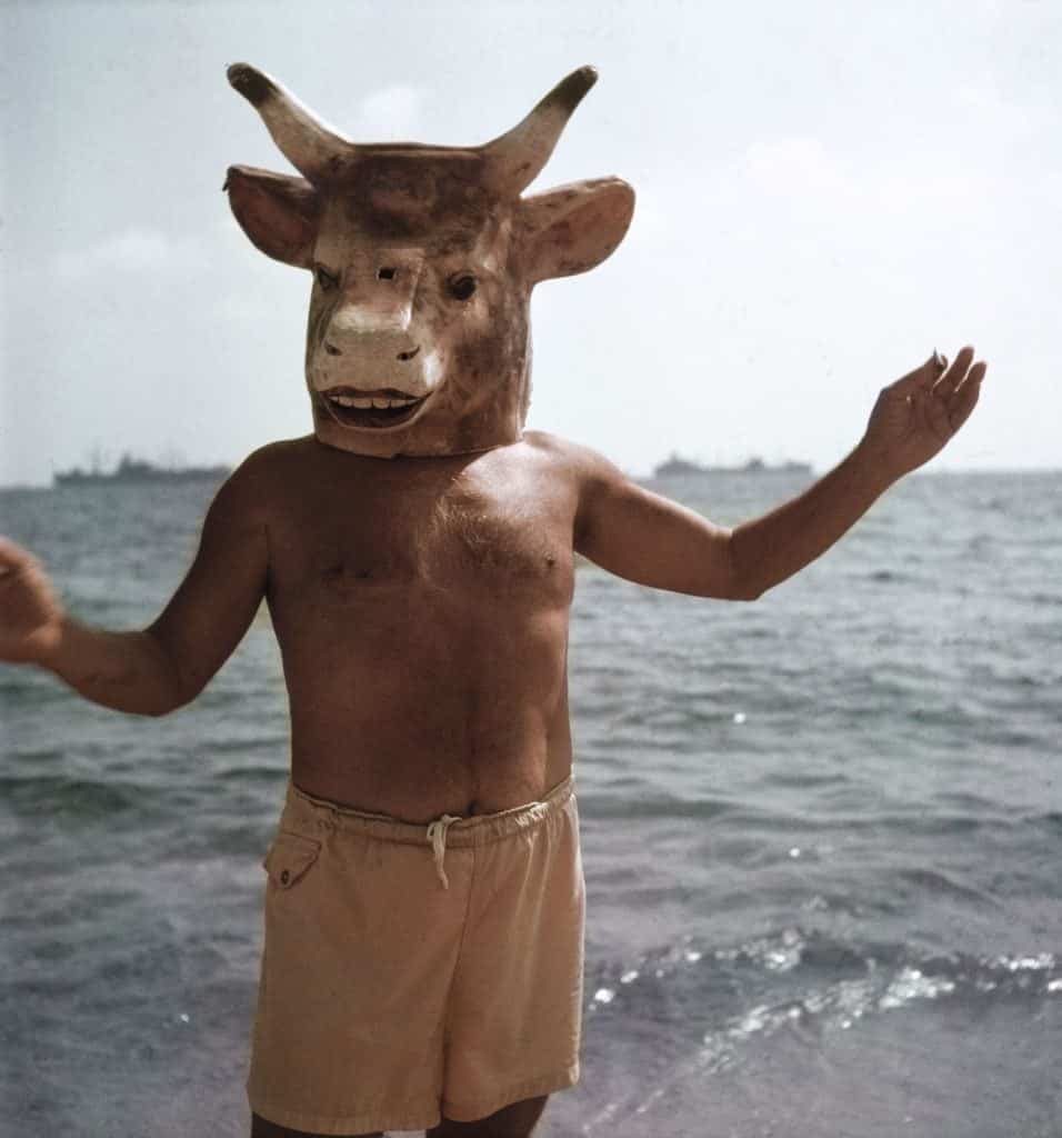 Pablo Picasso in his minotar mask on the beach at Golfe-Juan in 1968