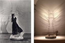 Martha Graham with set design pieces for 1946 Cave of the Heart designed by Isamu Noguchi