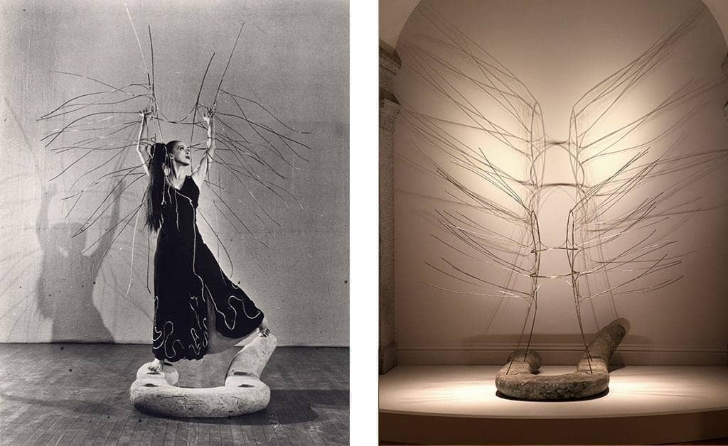 Martha Graham with set design pieces for 1946 Cave of the Heart designed by Isamu Noguchi
