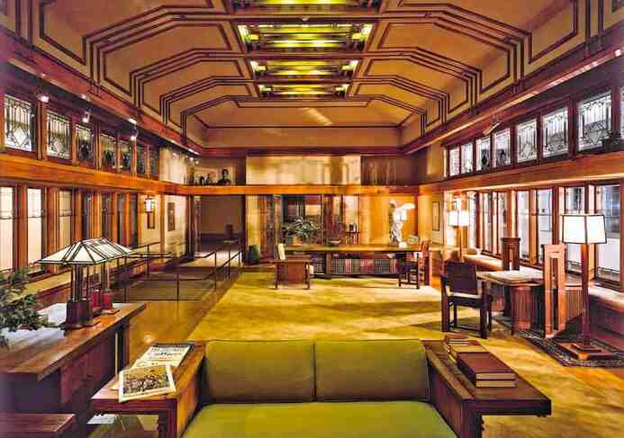 Living room of the Francis W. Little House, designed by Frank Lloyd Wright