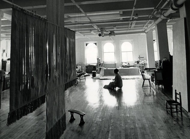 Lenore Tawney in her studio on Wooster Street, 1974