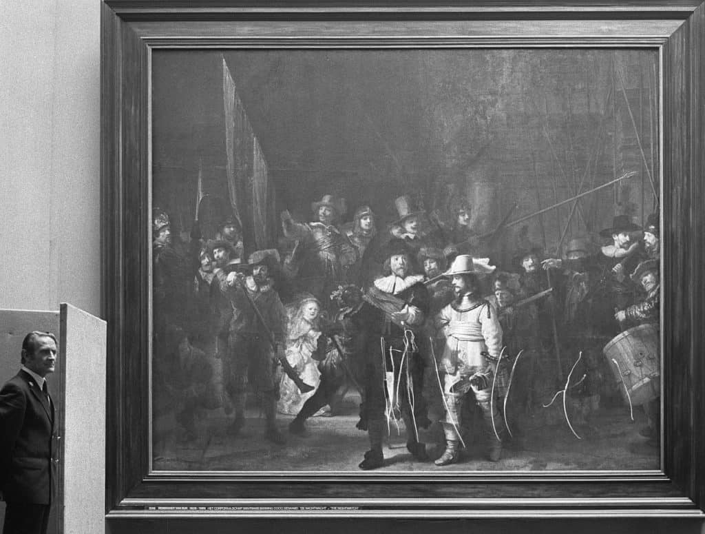 The NIght Watch by Rembrandt (1642) after being vandalised in 1975.