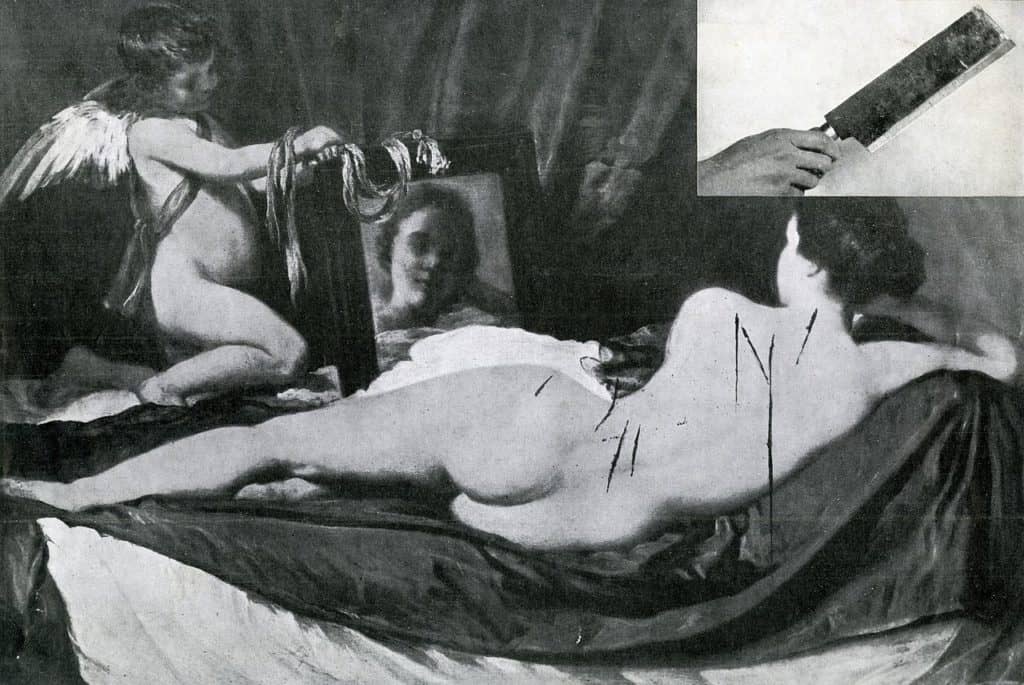 Rokeby Venus by  Diego Velàzquez (1647–51) after being damaged in 1914. Vandalism