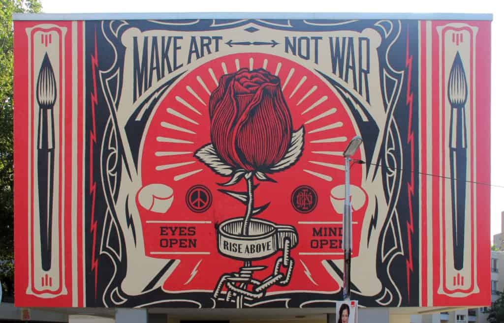 Shepard Fairey, Make Art Not War, mural in Berlin-Kreuzberg, Germany, 2014.