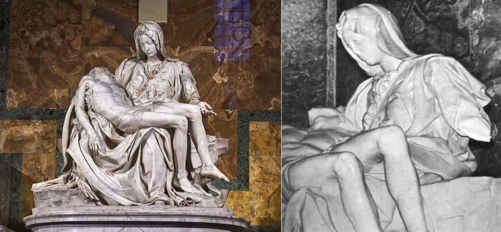 Michelangelo, Pietà, St. Peter's Basilica in Vatican City (1498-9). To the right: the sculpture after the act of vandalism in 1972.