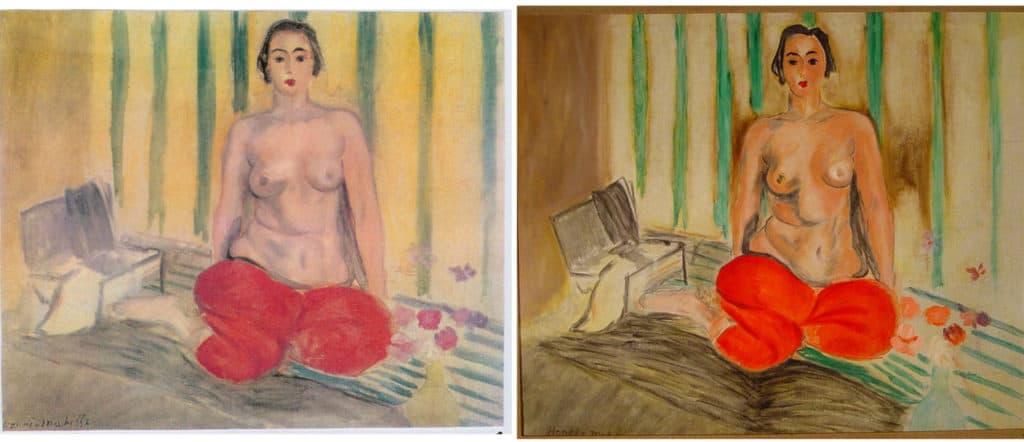  Henri Matisse - Odalisque in RedTrousers. Original (left) and fake (right).