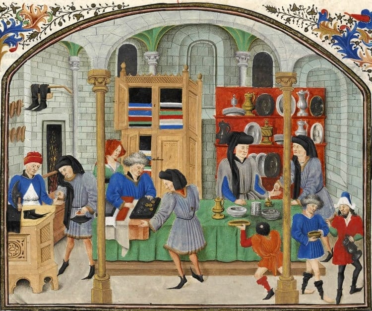 A 15th century manuscript illustration depicting a market scene