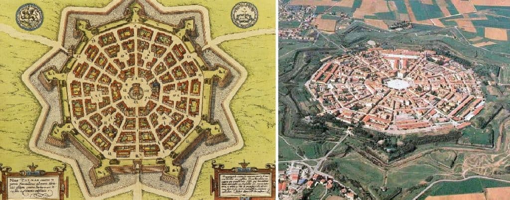 Ancient map and aerial view of Palmanova