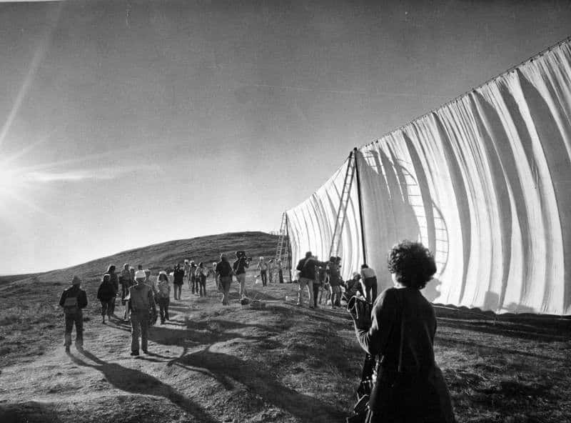 Construction of the Running Fence, USA, 1976. 