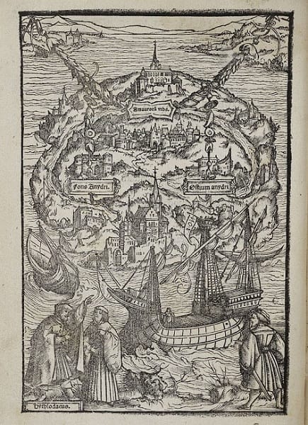 Woodcut by Ambrosius Holbein illustrating a 1518 edition of Thomas More's Utopia