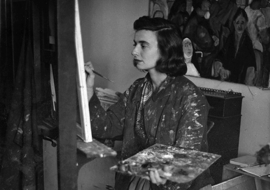 Beverly Pepper painting in her studio