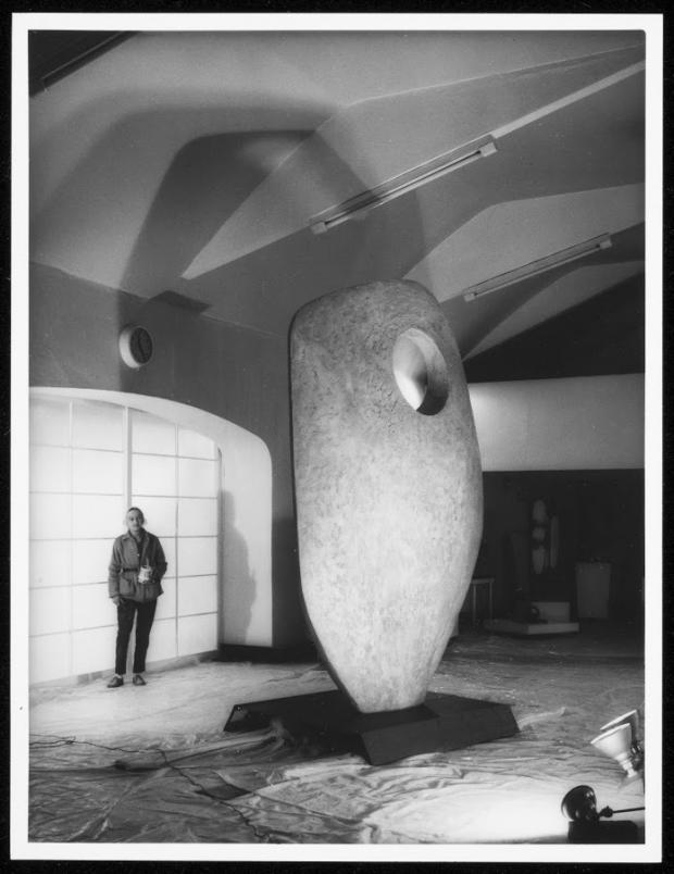 Sculptor Barbara Hepworth with the prototype for Single Form (Memorial) in the Palais de Danse, 1962. Photograph by Studio St Ives.Courtesy Bowness. Barbara Hepworth © Bowness.