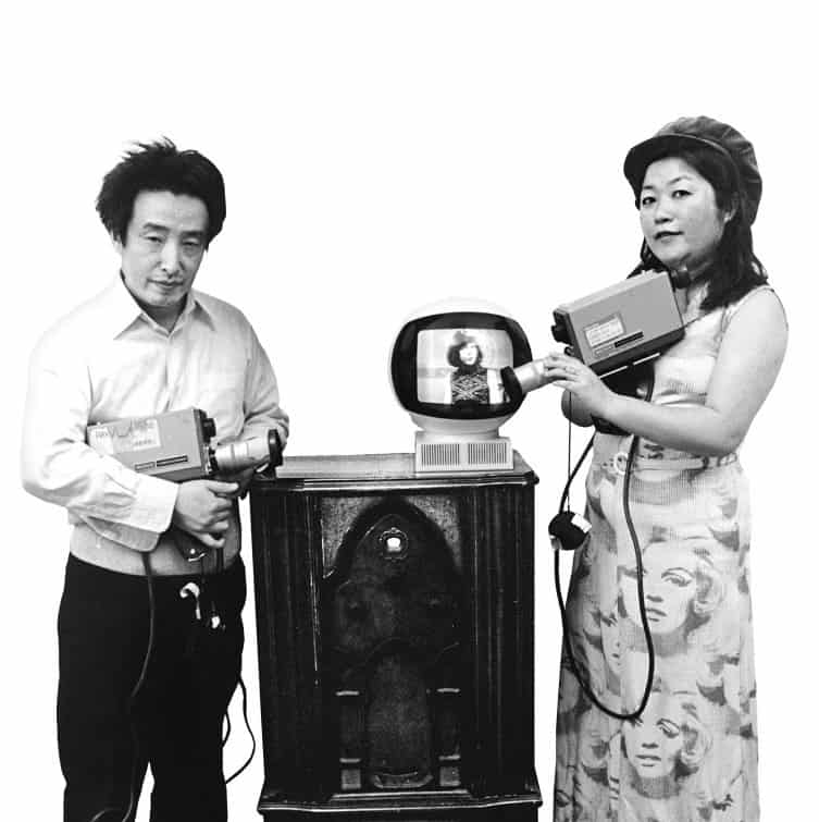 A 1974 photo of Nam June Paik and wife Shigeko Kubota with Sony Portapaks.