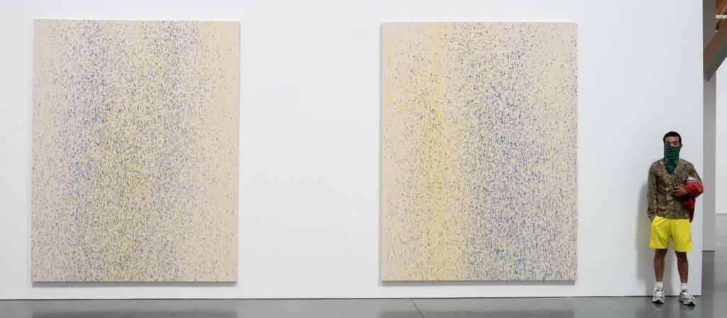 Lucien Smith, Installation view of the exhibition Southampton Suite at the Parrish Art Museum, Water Mill, NY. 10 works, LSMI – 1–10, (Blue & Yellow). Acrylic and unprimed canvas, 108 x 84 inches. Photo: Gary Mamay via i-D Vice