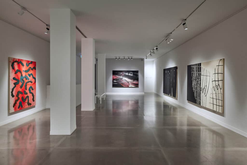 Installation view of Whiplines, Waterfalls and Worms at JD Malat Gallery in London.