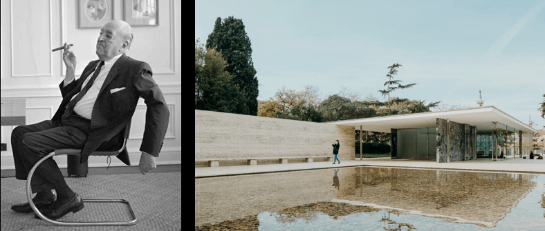 Left: Ludwig Mies van der Rohe. Right: The barcelona Pavilion