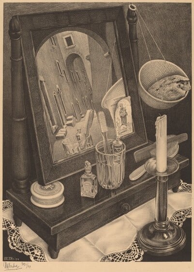 Still Life with Mirror, 1934, lithograph, Cornelius Van S. Roosevelt Collection All M.C. Escher works © Cordon Art-Baarn-the Netherlands.