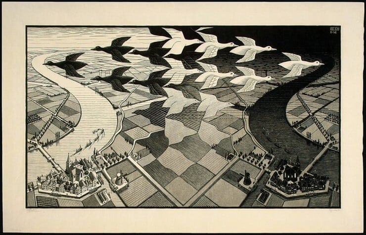 Day and Night, 1938, woodcut in black and gray, printed from two blocks, Cornelius Van S. Roosevelt Collection All M.C. Escher works © Cordon Art-Baarn-the Netherlands.
