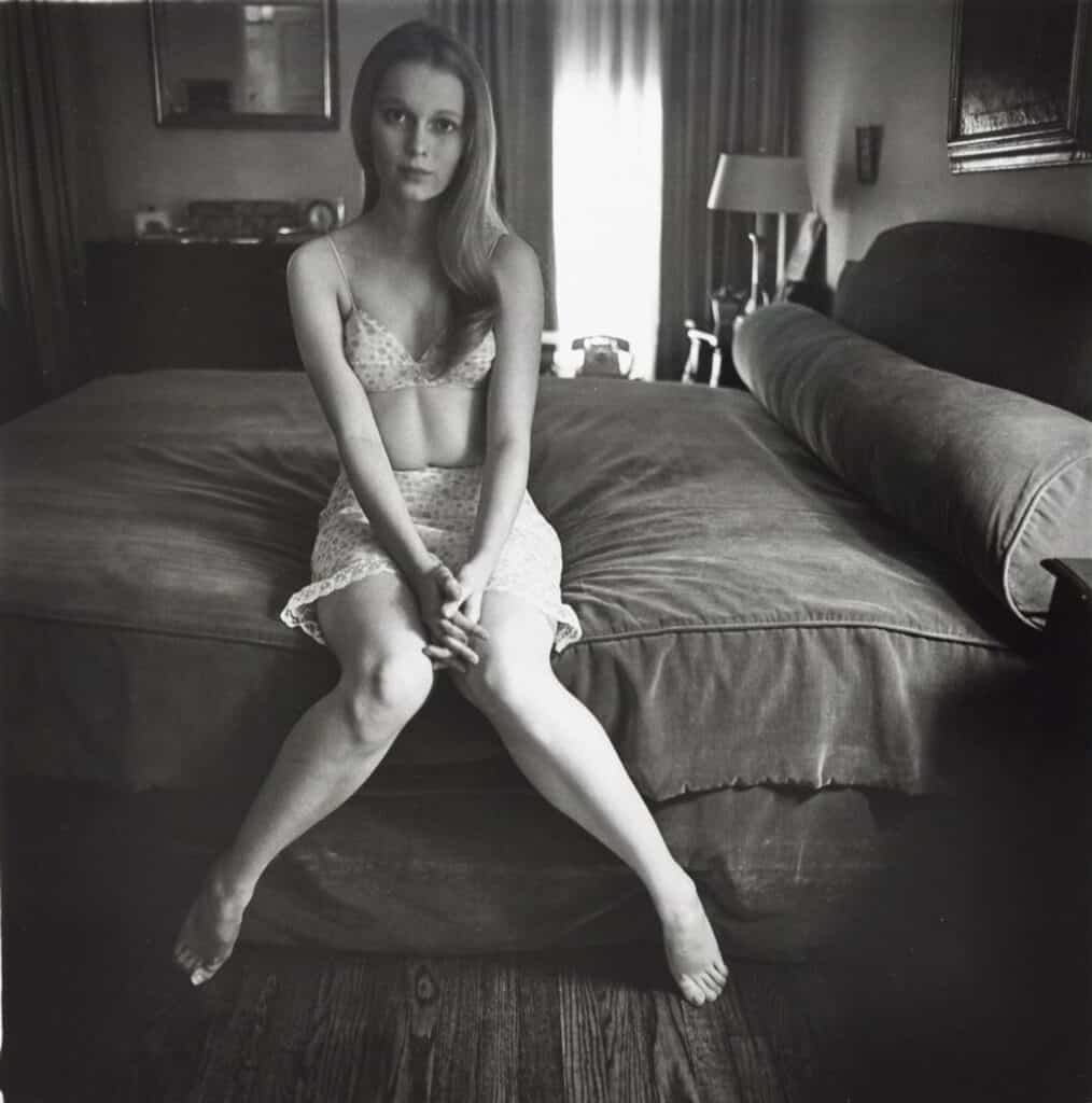 Diane Arbus, Mia Villiers-Farrow on a bed, 1964. Available for purchase on Artland.
