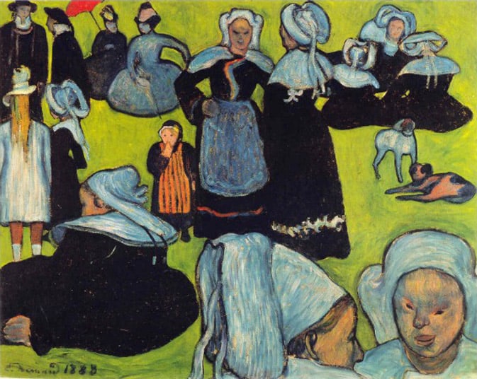 Painting titled  Breton Women in the Meadow (Le Pardon de Pont-Aven) by Émile Bernard one of the post-impressionism artists.