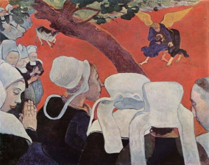 Example of post-impressionist painting by Paul Gauguin titled 'Vision After the Sermon (Jacob wrestling with the angel)'.