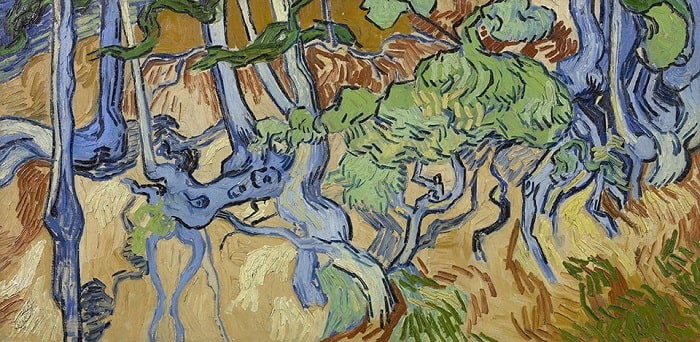 Tree Roots, painting by Van Gogh, juxtaposed to the works of Etel Adnan in 'Colour as Language'.