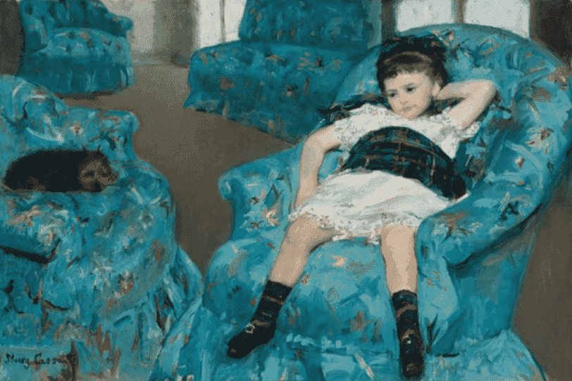 Painting by Mary Cassatt titled Little Girl in a Blue Armchair