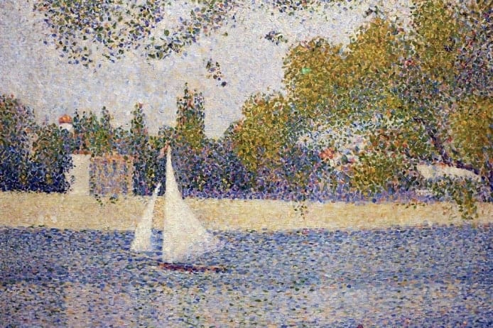 Georges Seurat, The river Seine at La Grande-Jatte - painting realized in the pointillism technique 