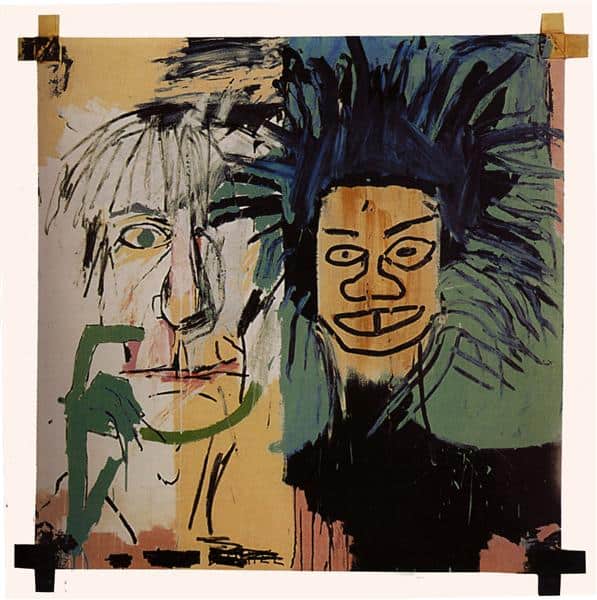 Painting titled 'Dos Cabezas' portraying  Jean-Michel Basquiat and Warhol