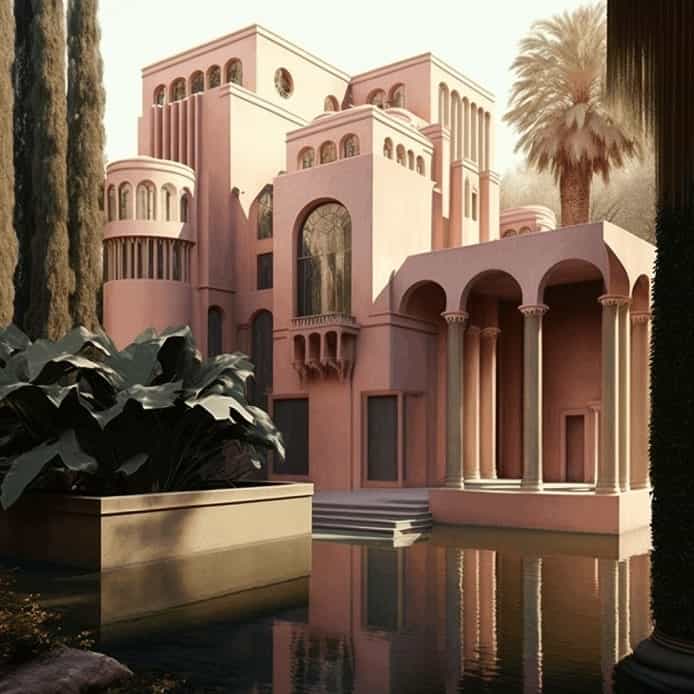 AI-generated image created using the prompt 'Villa Designed by Ricardo Bofill' through Midjourney, a tool that heated the AI Art controversy 