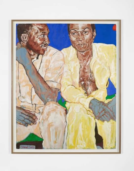Example of art by Claudette Johnson: Friends in Pink + Yellow on Cobalt, 2023. 