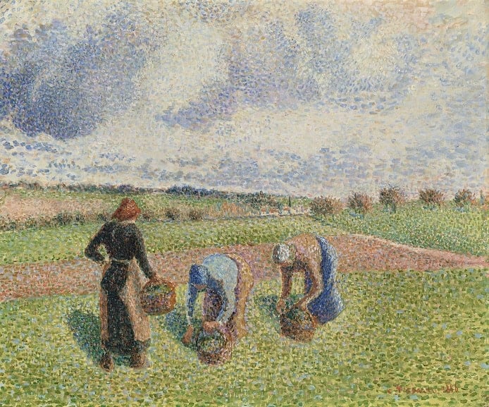 Painting by Camille Pissarro titled Paysannes ramassant des herbes, Eragny, 1886