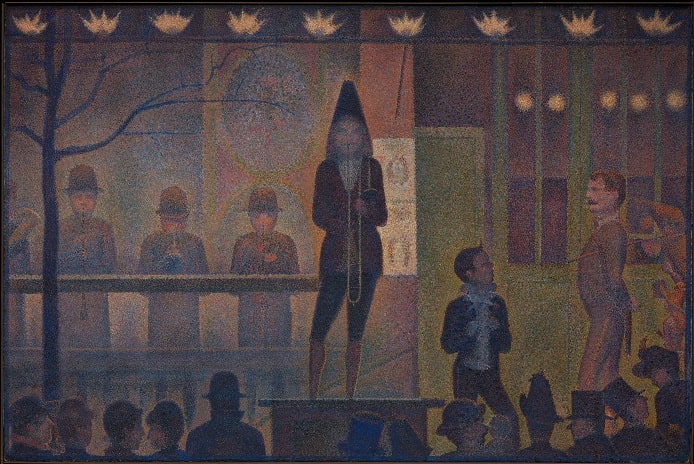 Painting named Circus Sideshow by George Seurat, one of the most famous pointillism artists