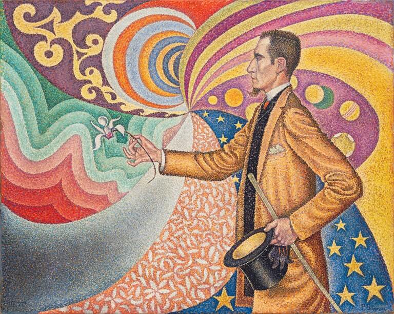 Example of pointillism art by Paul Signac titled 'Opus 217. Against the Enamel of a Background Rhythmic with Beats and Angles, Tones, and Tints, Portrait of M. Félix Fénéon in 1890'